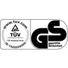 Logo s certifikátmi TÜV Rheinland a GS. Vľavo: Logo TÜV s trojuholníkom, text 'TÜV Rheinland Group', ID: 1000000000. Vpravo: Logo GS s textom 'overená bezpečnosť'.