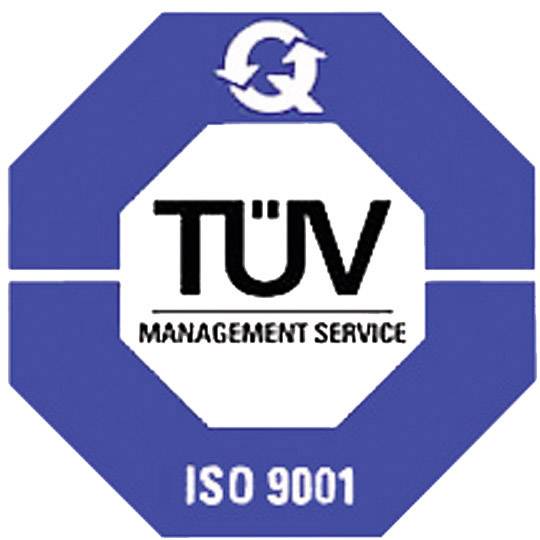 Logo 'ISO 9001: TÜV Management Service' v modrej a bielej farbe, symbolizuje certifikáciu manažérstva kvality.