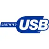 Certifikované USB logo zobrazuje biely text na modrom pozadí so slovom 'CERTIFIED' a symbolom USB.