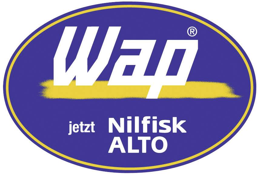 Logo Wap Nilfisk ALTO, modré a žlté s oválnym dizajnom.