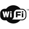 Logo 'Wi-Fi' v čiernobielom prevedení; slovo 'Wi-Fi' je zobrazené v štylizovanom dizajne rečového balónika.