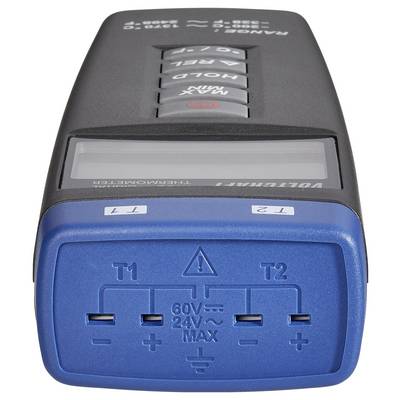 Digitalni voltmeter, ki prikazuje različne vhodne vtičnice, označene z 'T1' in 'T2' za merjenje temperature, z zaslonom in gumbi zgoraj.