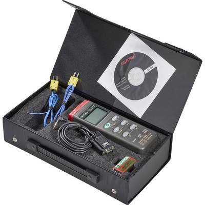 Odprt kovček z digitalnim merilnikom temperature, dvema sondnima kabloma, USB kablom, baterijo in CD-jem.