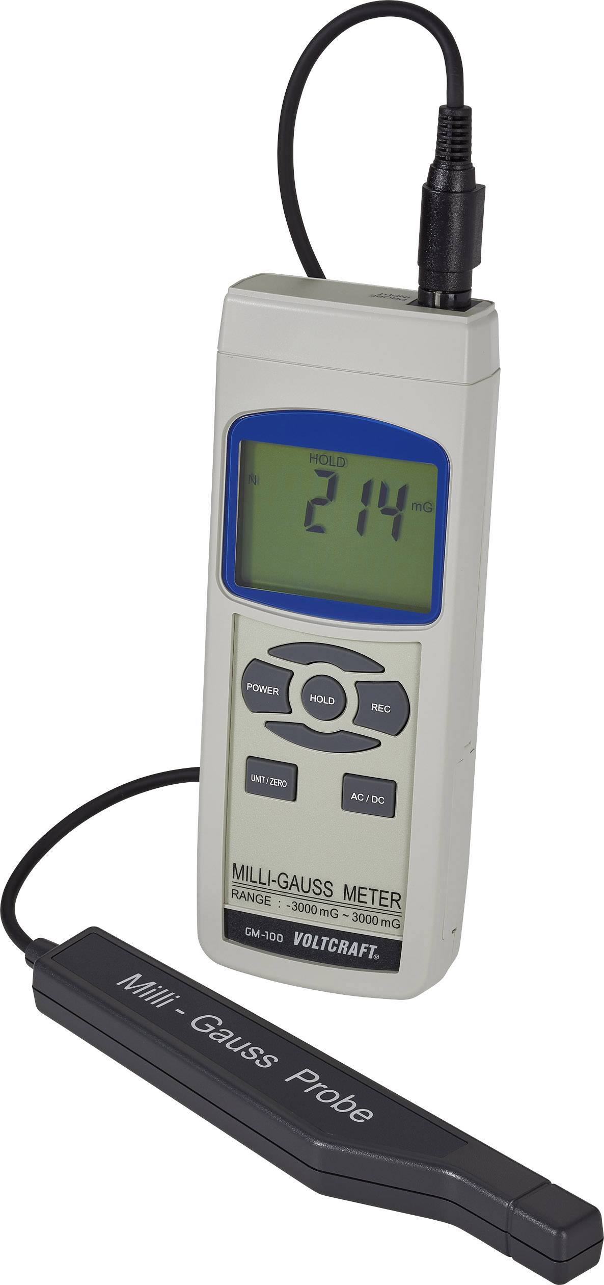 Merilnik miligausa na zaslonu prikazuje vrednost '214 mG'. Kabel vodi do merilne sonde, ki se uporablja za zajem podatkov.