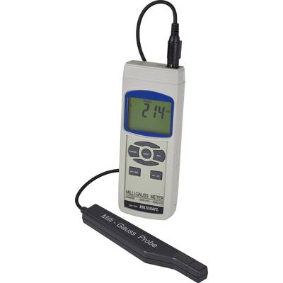 Merilnik miligausa na zaslonu prikazuje vrednost '214 mG'. Kabel vodi do merilne sonde, ki se uporablja za zajem podatkov.