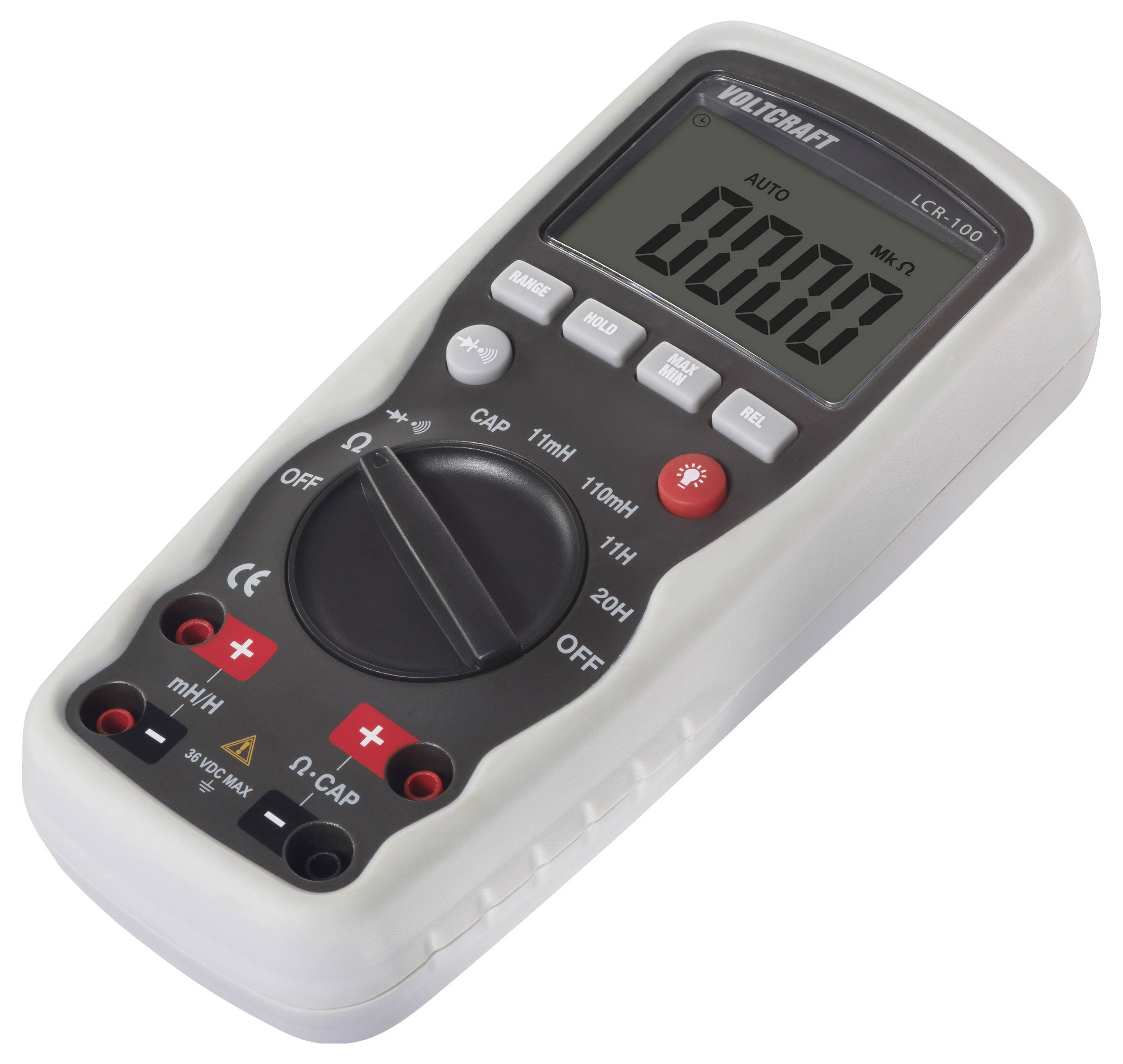 Digitalni multimeter z LCD zaslonom, črnimi in rdečimi merilnimi vtičnicami ter več upravljalnimi gumbi.