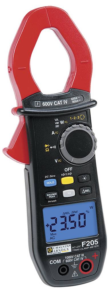 Digitalni klešni amperometer z rdečim plastičnim kavljem in modrim zaslonom. Prikazuje merilno vrednost '2350 W', primeren za 600V CAT IV.