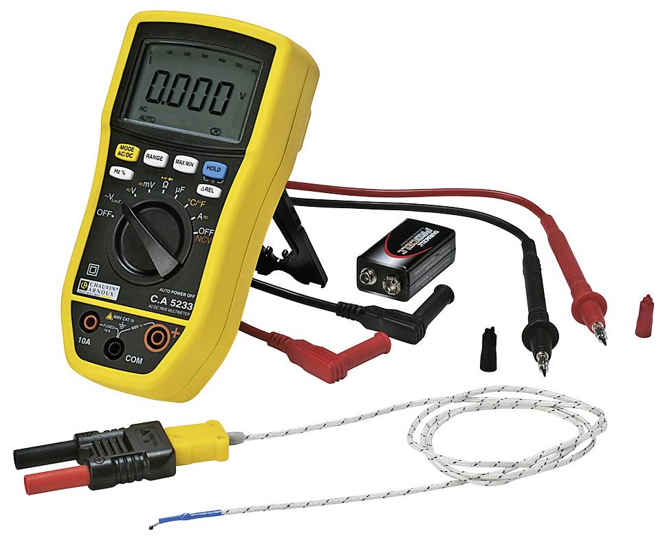 Multimeter z rumenim ohišjem, merilnimi sondami in priključkom za 9V baterijo. Zaslon prikazuje '0.000'. Idealen za merjenje napetosti.
