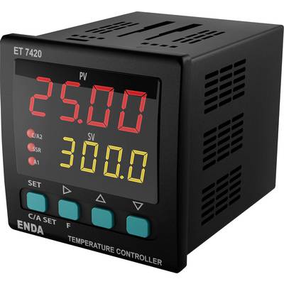 Črn temperaturni regulator z digitalnim zaslonom. Prikaz: 'PV 25,00', 'SV 300,0'. Blagovna znamka spodaj. Tipke za upravljanje pod njo.