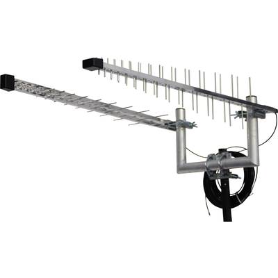 Yagi-antena z več kovinskimi palicami, nameščena na stojalu. Pogosto uporabljena za sprejem radijskih ali TV signalov.