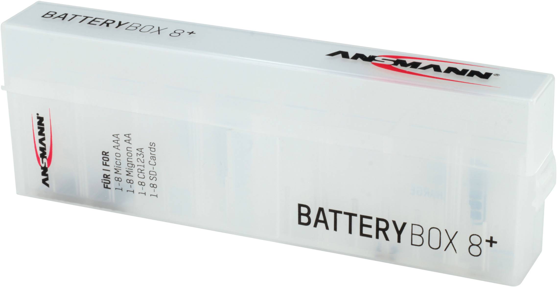 'Ansmann Battery Box 8+' v beli barvi, odprta z razdelki za baterije.