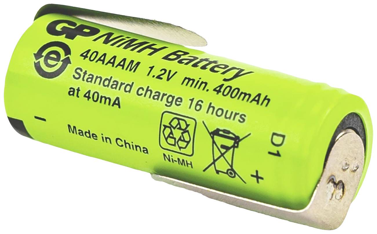 Majhen, zelen NiMH 40AAAM akumulator z 1,2V in 400mAh. Napis prikazuje navodila za polnjenje: 'Standardno polnjenje 16 ur pri 40mA'. Izdelano na Kitajskem.