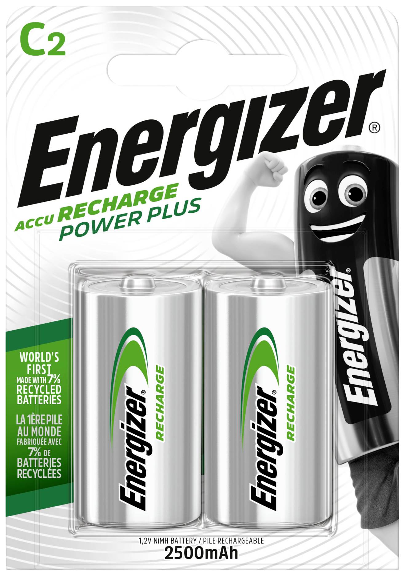 'Dva akumulatorja Energizer C2 v eni embalaži. Prodaja se kot polnljiva baterija z 2500mAh. Vsebuje reciklirane materiale.'