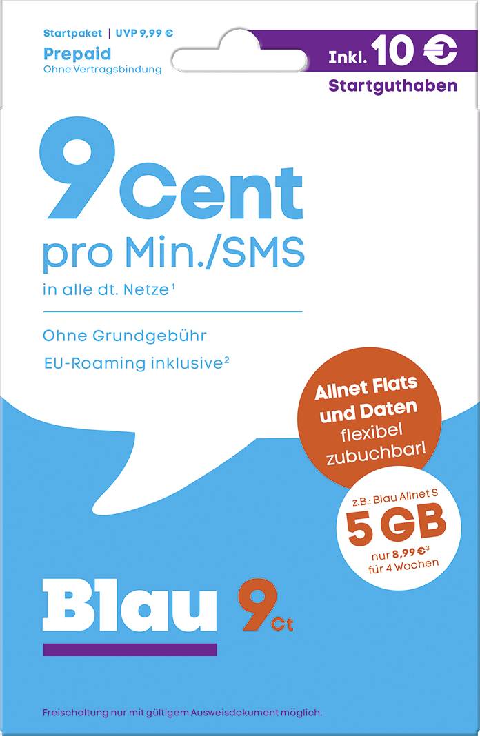 Blau.de 9 Cent Startpaket predplačniška kartica brez sklenitve pogodbe