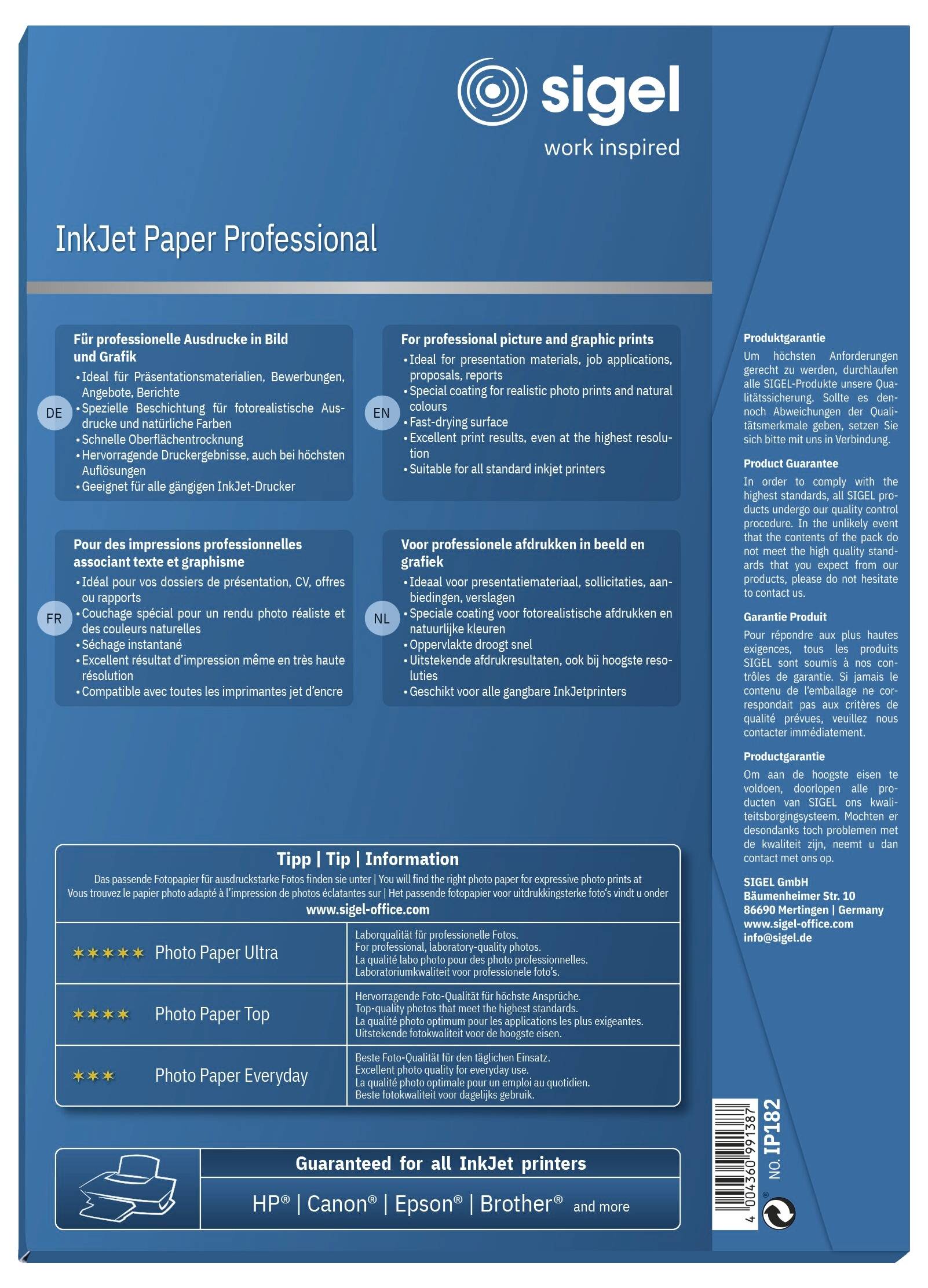 Sigel Inkjet Paper Professional IP182 papir za brizgalni tiskalnik DIN A4 120 g/m² 50 List svetlo bela-2
