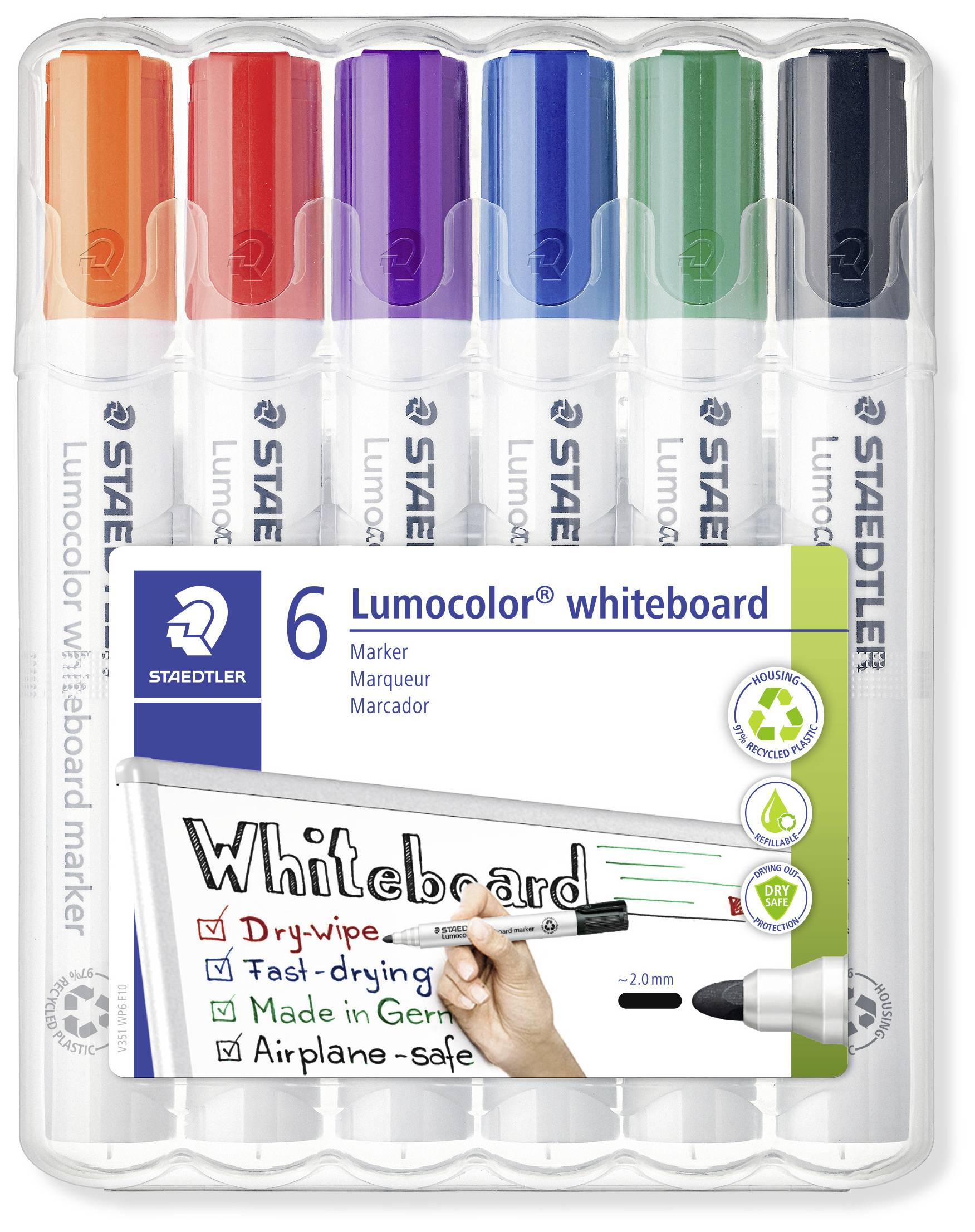 Šest belih tabelnih pisal v različnih barvah z napisom embalaže 'Lumocolor whiteboard marker', idealnih za bele table.