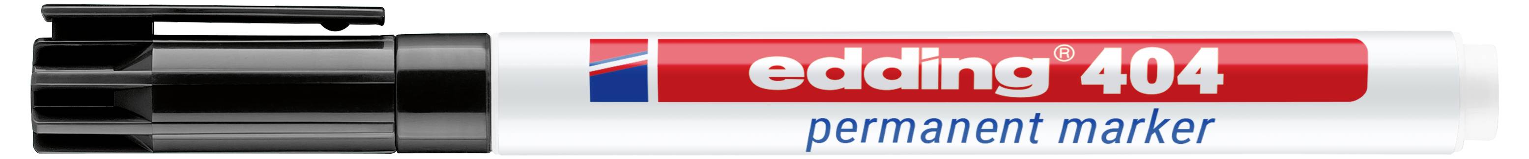 Črn trajni marker z oznakom 'edding 404' z rdečim in modrim branding.