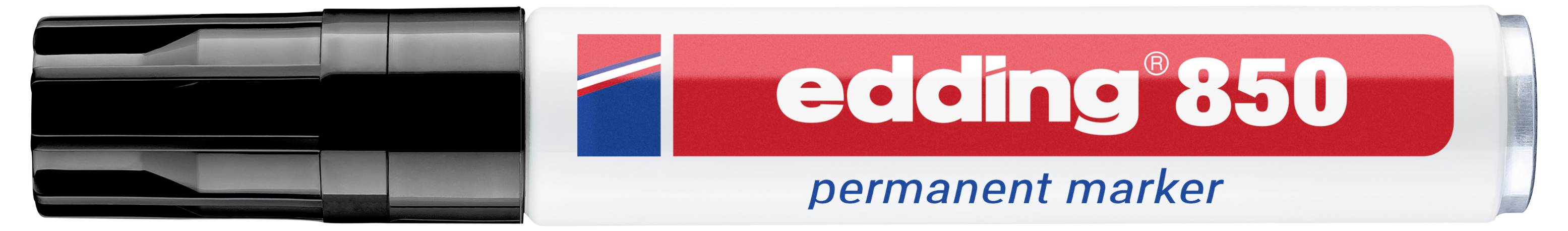 Črn trajni marker s pipo označen "edding 850" na belem tulcu z rdečo in modro blagovno znamko.