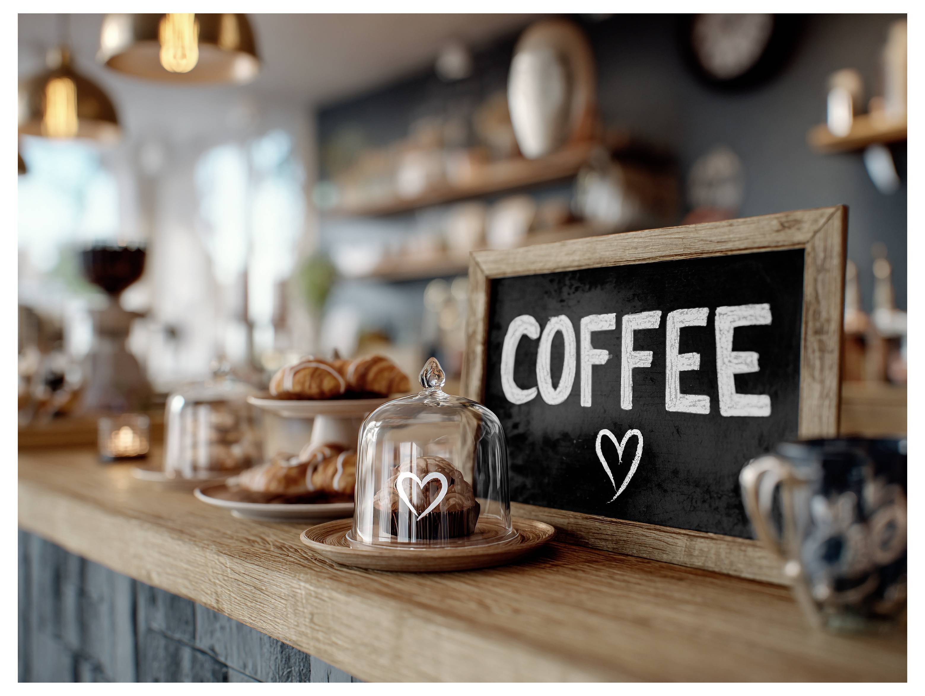 Kafeterjska prla z ploščo iz krednega kamna z napisom »KAVA«, vitrina za pecivo in stekleni pokrov na leseni pladnji.