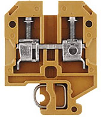 Oranžen električni priključni blok z dvema vertikalnima vijačnima sponkama in kovinskimi kontakti za pritrjevanje kablov.