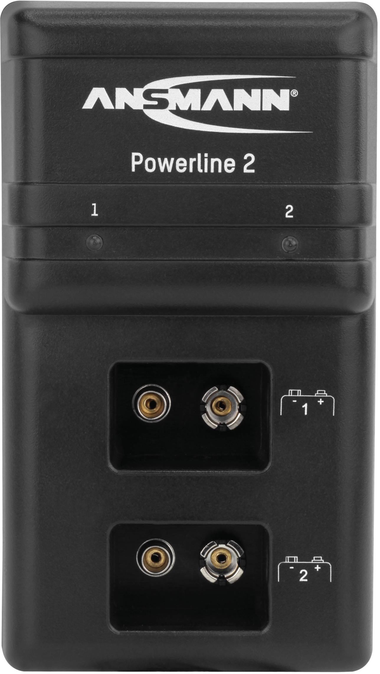 Ansmann Powerline 2 polnilnik baterij z dvema prostorома za polnjenje različnih velikosti baterij, črne barve, kompaktne zgradbe.