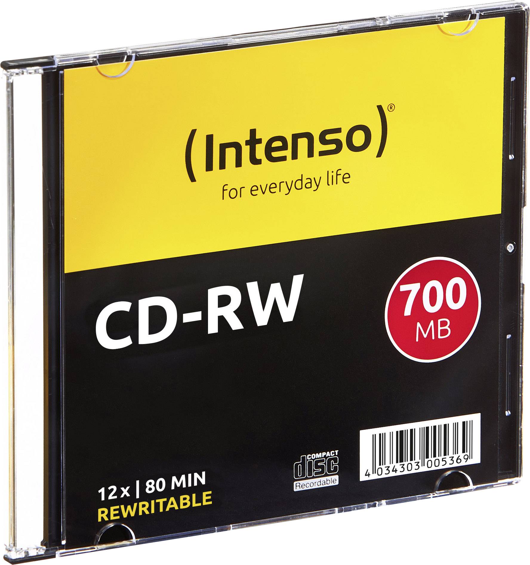 Zapisljiv CD-RW znamke Intenso z rumeno in črno ovojnico, kapacitete 700 MB, čas predvajanja 80 minut, večkrat zapisljiv.