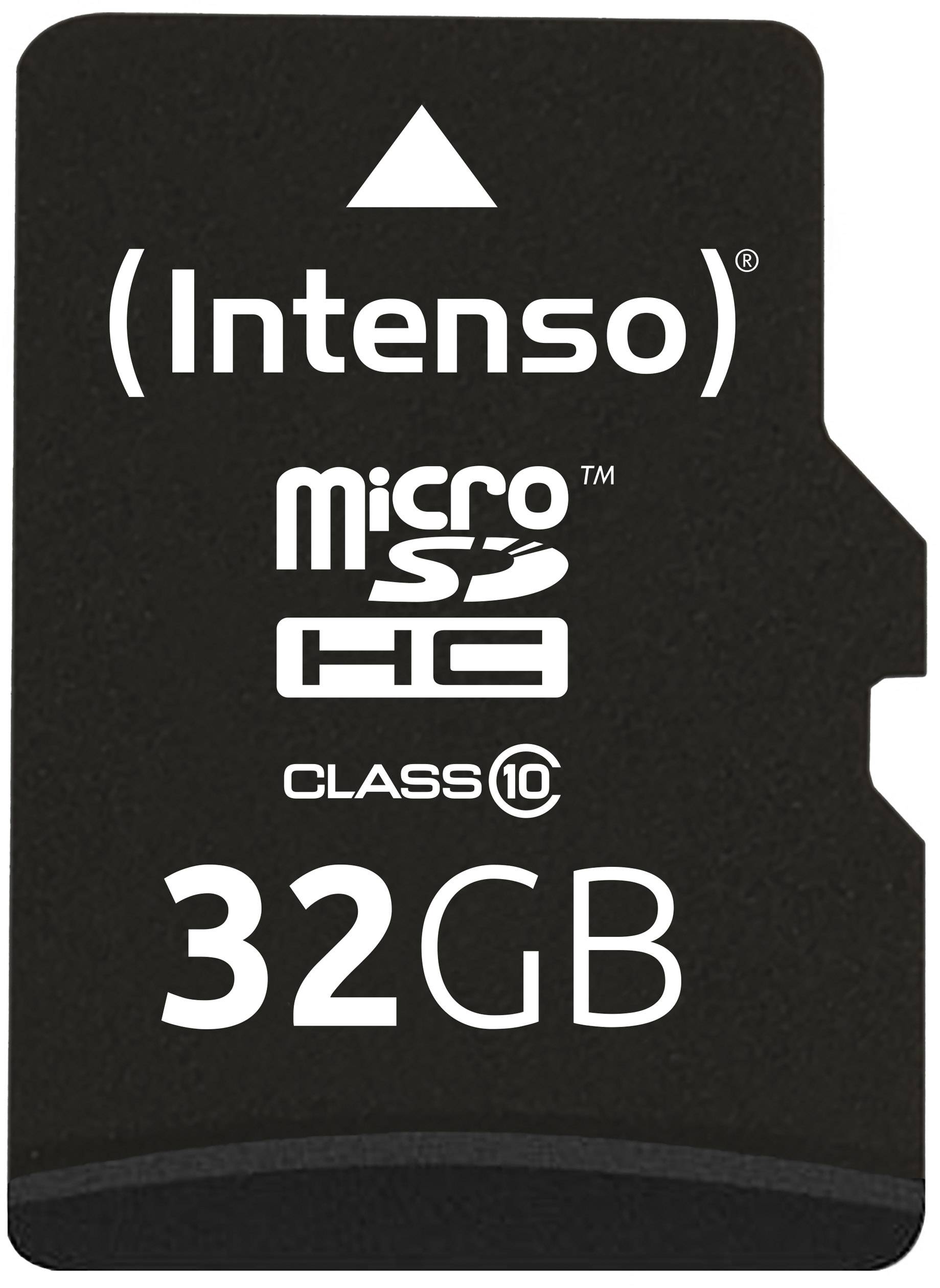 Schwarze Intenso microSDHC pomnilniška kartica, 32 GB kapacitete, razred 10, z belo oznako in puščico navzgor.