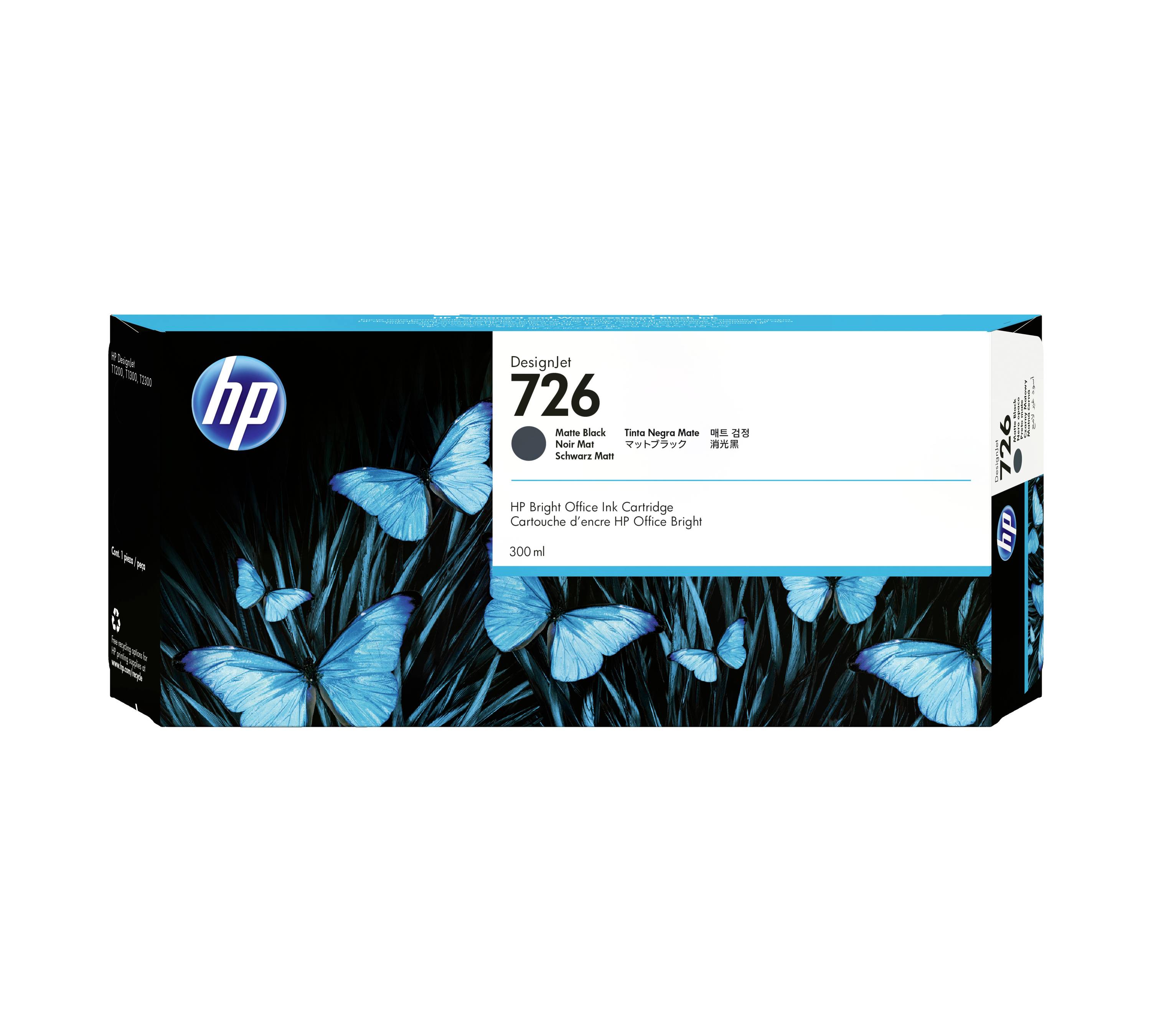 HP 726 DesignJet černi tiskalniški vložek v embalaži z modrim motivom metulja in oznako s prostornino 300 ml.
