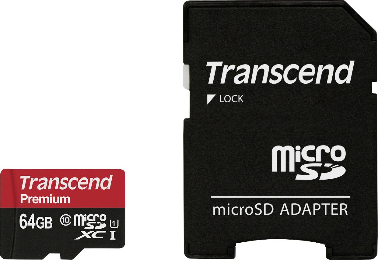 64-GB Transcend microSD kartica poleg microSD adapterja, obe opremljeni z oznakami; primerni za digitalno shranjevanje podatkov.