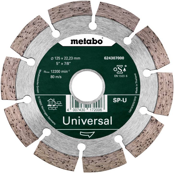 Metabo univerzalni segmentirani diamantni rezni disk s zeleno nalepko, velikosti 125 x 22,23 mm, model SP-U, in črtna koda.
