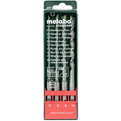 Komplet svedrov za bušilni čekič Metabo v plastičnem etui, s štirimi svedri oznčenih 5, 6, 8 in 10 mm ter podrobnostmi izdelka v več jezikih.
