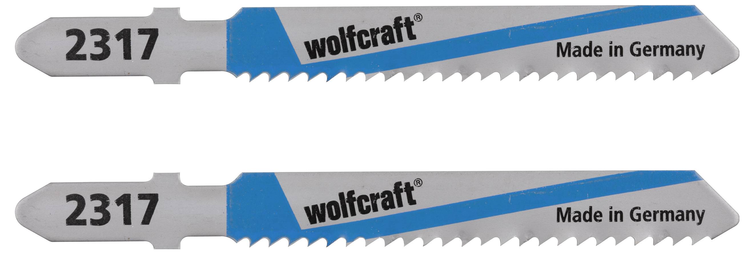 Dva kovinska žagin lista znamke Wolfcraft, modelna številka '2317', z napisom 'Made in Germany'.