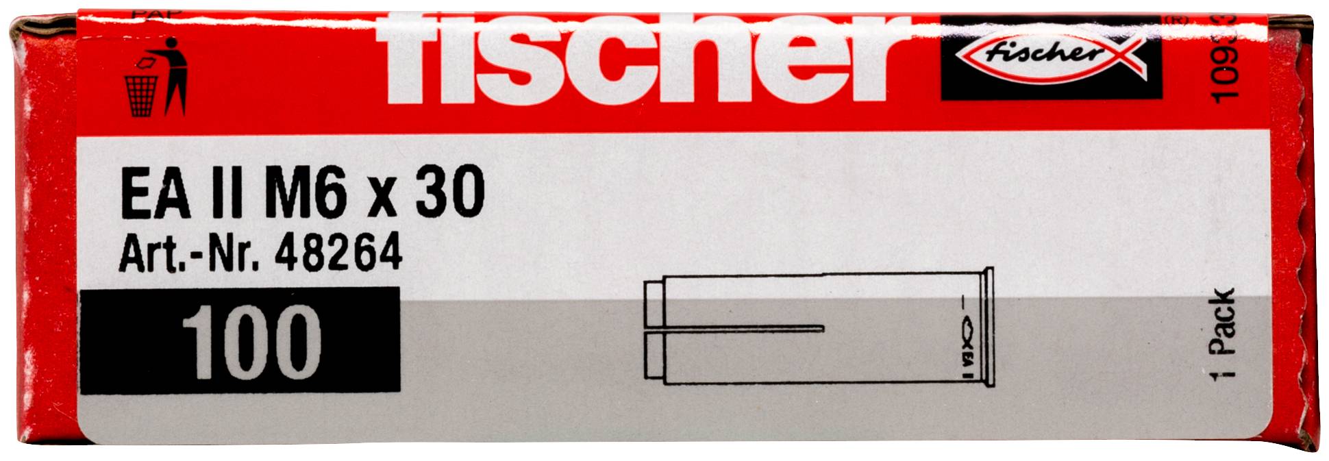 Paket anker fischer EA II M6 x 30, Art.-Nr. 48264, paket 100 kosov, s shemo izdelka in logotipom blagovne znamke.