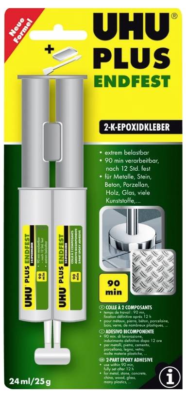 'Pakiranje UHU PLUS ENDFEST 2-K-epoksidnega lepila, 24 ml/25 g. Poudarek: izjemno vzdržljivo, obdelljivo 90 minut, primerno za kovino in več.'