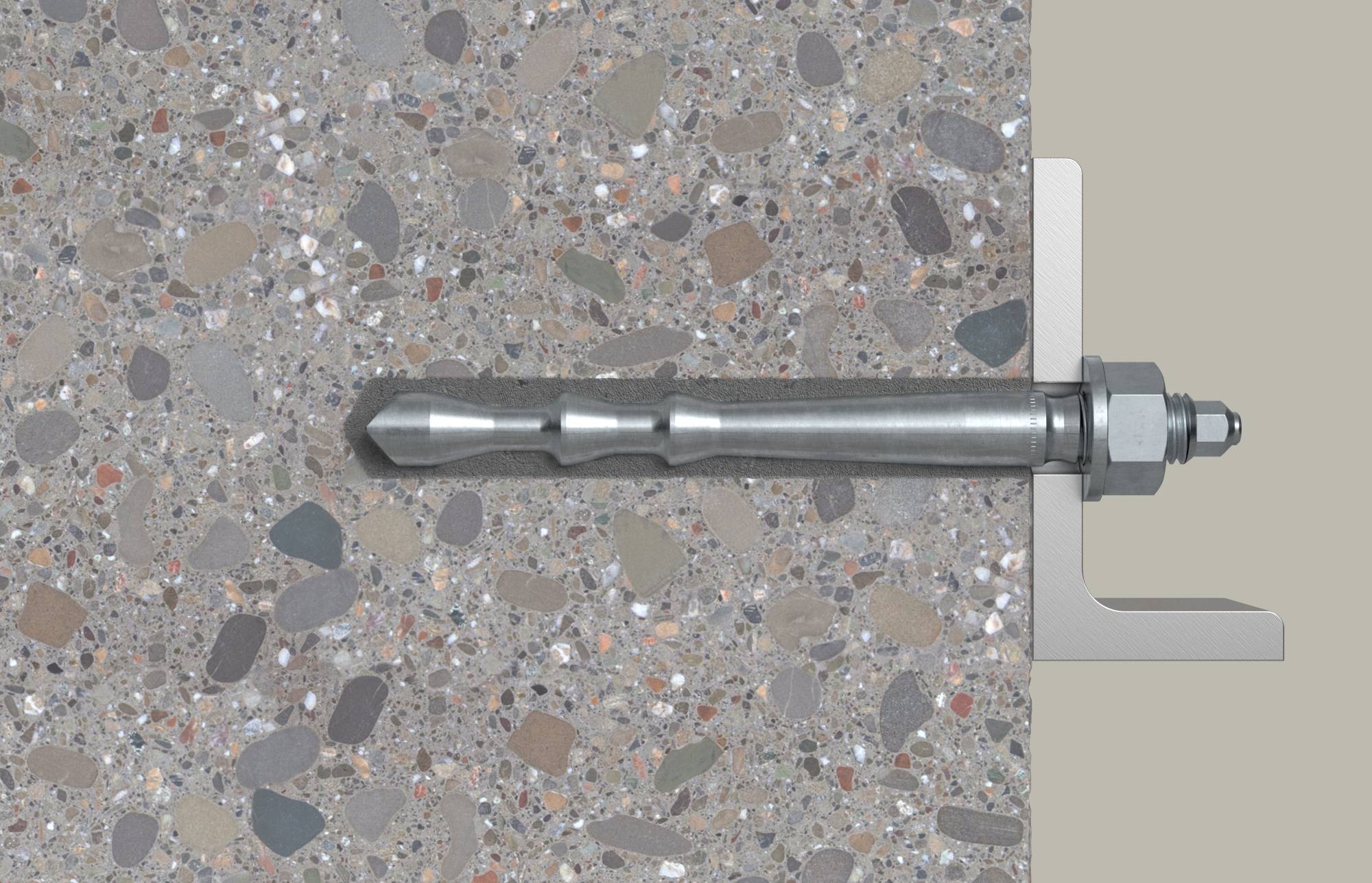Ekspanzivni kotni vijak za kovine vstavljen v vrtin v betonski plošči, z matico in podložko, ki sta pritrjeni na L-oblikovani nosilec na desni strani.