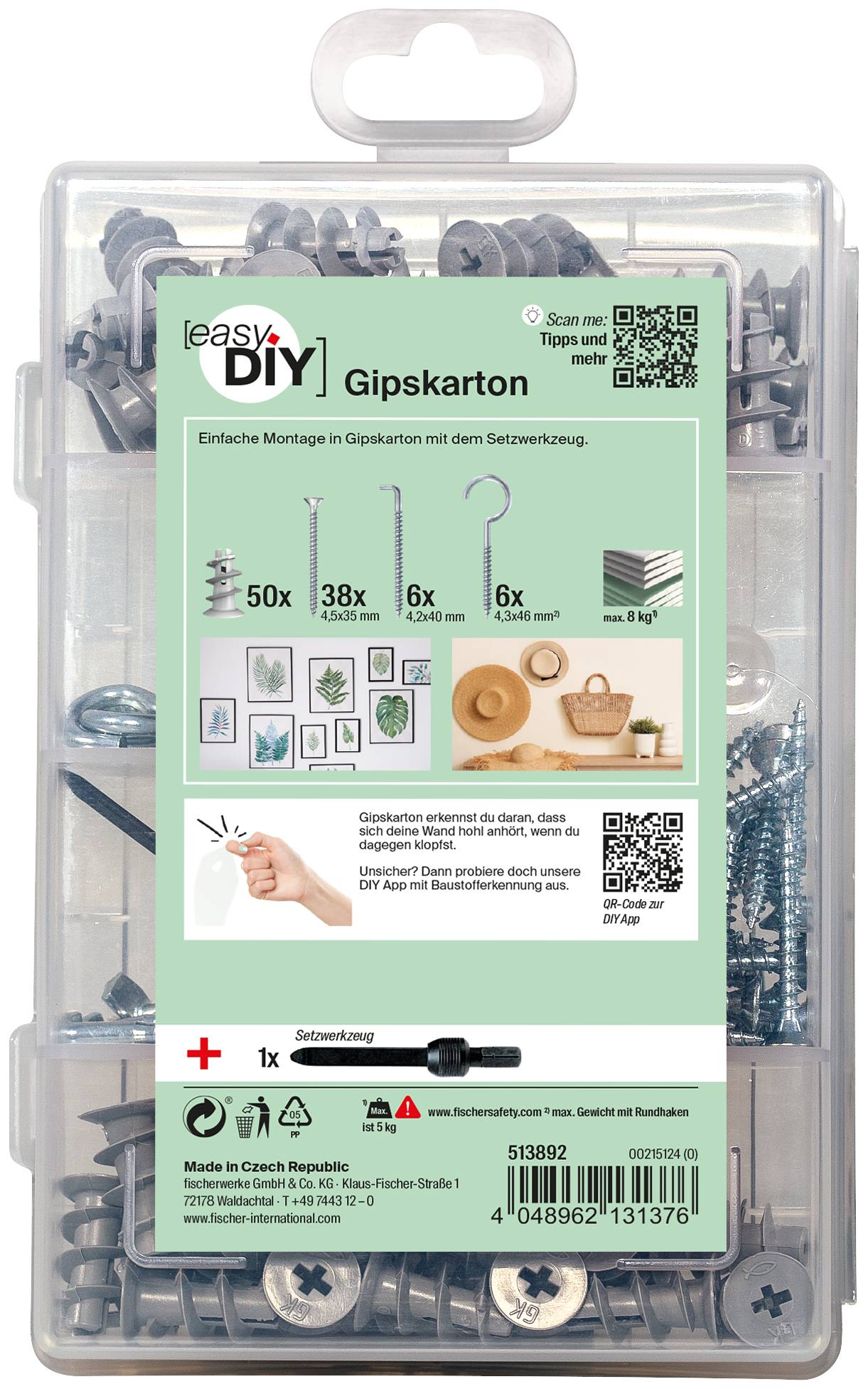 Prozorna plastična škatla DIY komplet pritrdilnih sredstev za gipsne plošče z označeno zeleno sprednjo stranjo 'easyDIY Gipskarton', ki prikazuje vključene vijake, zakovice in obešalno strojno opremo.