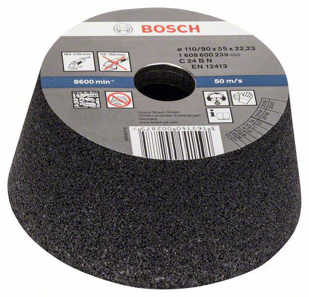 Brusni disk znamke Bosch s tehnično oznako, trapezaste oblike. Oznaka: 'C 24 B N' in '50 m/s'. Primeren za kamen.