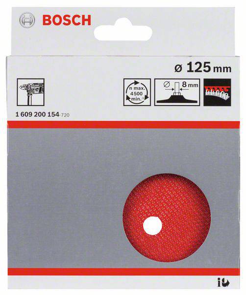 Embalaža Bosch brusilne plošče, premer 125 mm, primerna za 4500 obratov/min, premer luknje 8 mm, slika plošče spodaj desno.
