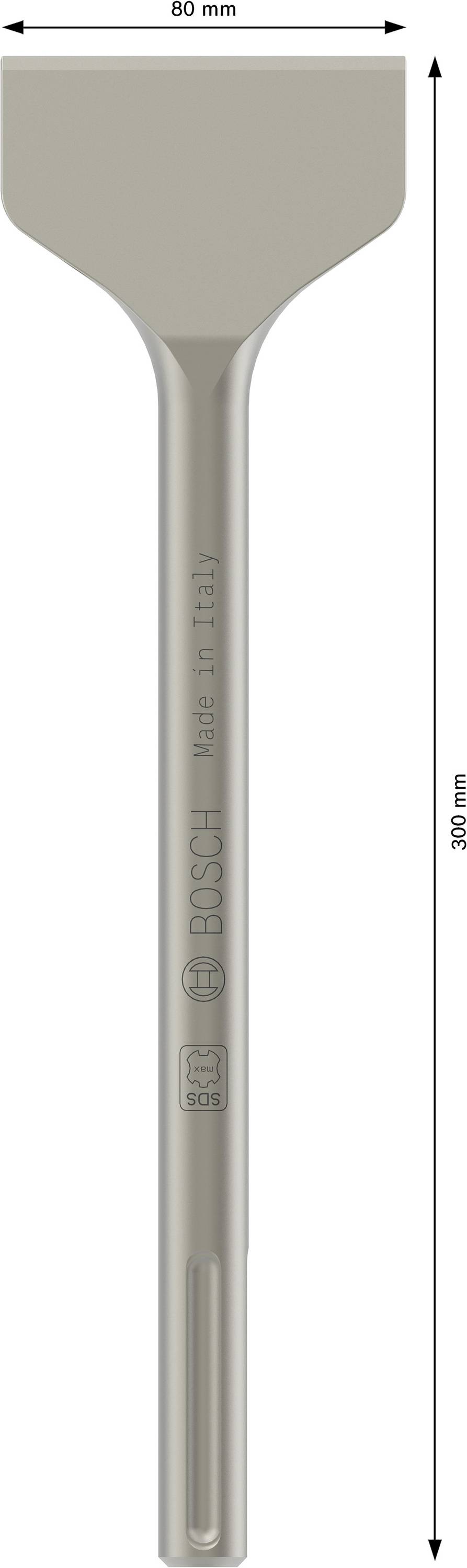Ploščati dletec z SDS-max držalom, dolžina 300 mm, širina 80 mm, primeren za rušilna dela; napis: 'BOSCH Made in Italy'.
