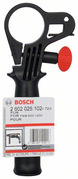 'Boschev dodatni ročaj za vrtalnik, model 2 602 025 102-720, primeren za PSB 600-1200, z rdečim nastavljalnim gumbom, izdelan v Švici.'