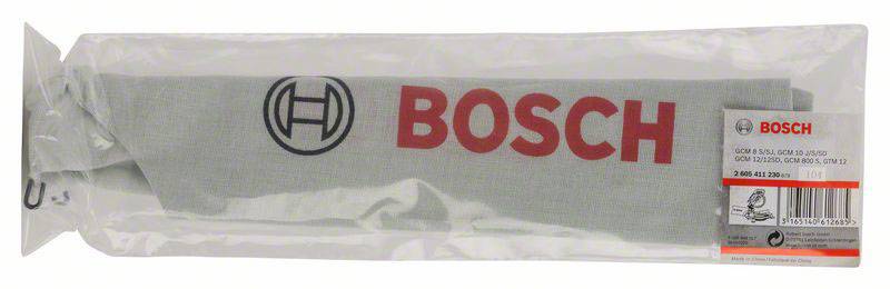Zapakirana Boscheva vrečka za prah sive barve z rdečim Boschovim logotipom in nalepko izdelka, primerna za Boscheva električna orodja.