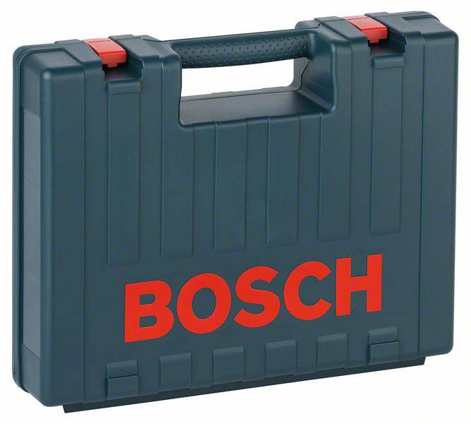 Zelen kovček z rdečim logotipom 'BOSCH'. Ima plastičen ročaj in rdeče zapahe na zgornjem delu.