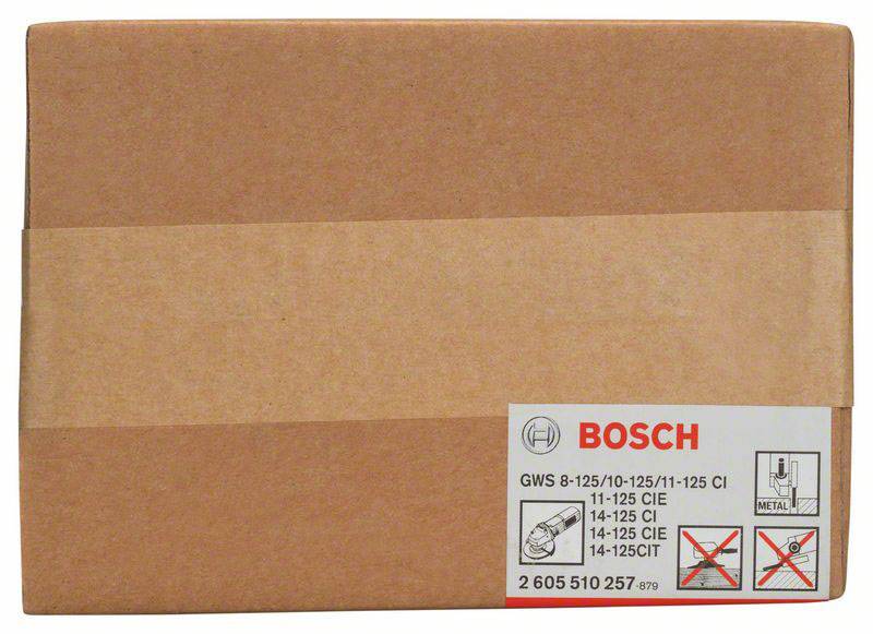 Rjava kartonska škatla malih brusilnih plošč za Bosch-Flex z modelno številko. Vsebuje opozorila in podatke o velikosti.