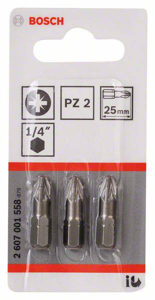 Komplet svedrov Bosch, sestavljen iz treh PZ2 nastavkov, dolžine 25 mm, primeren za 1/4" vpetje. Embalaža prikazuje specifikacije izdelka.