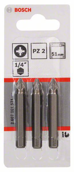 Trije vijačni nastavki PZ-2 znamke Bosch na kartici, dolgi 51 mm, primerni za 1/4-palčne držalnike, za lesna in kovinska dela.