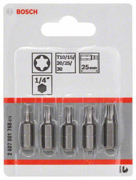Paket petih Boschovih vijačnih nastavkov, dolgih 25 mm, združljivih s Torx T10 do T30, nameščenih na blister kartici.