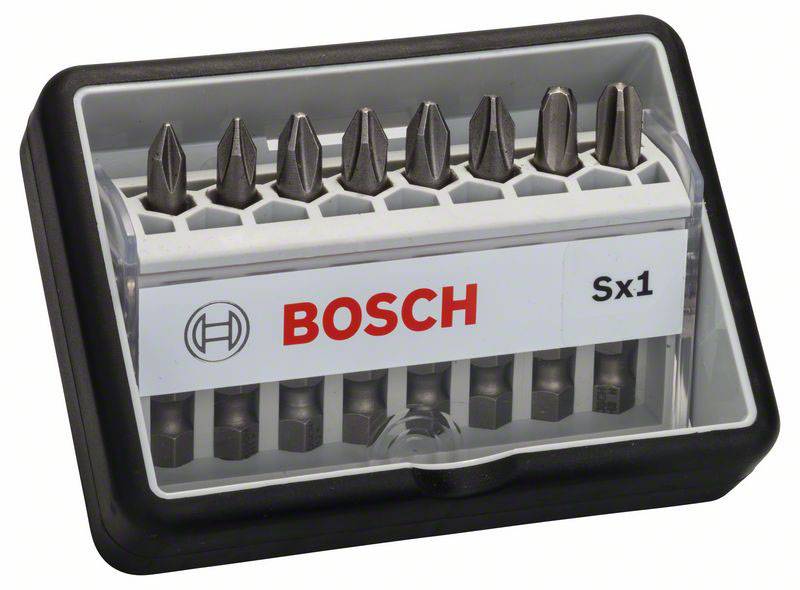 Bosch Sx1 komplet vijačnih nastavkov, ki vsebuje več vijačnih nastavkov v črni plastični škatli, primeren za večnamenske uporabe.
