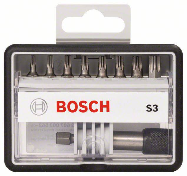 Bitni komplet Bosch z osmimi različnimi konicami in držalom, v prozorni plastični škatli.