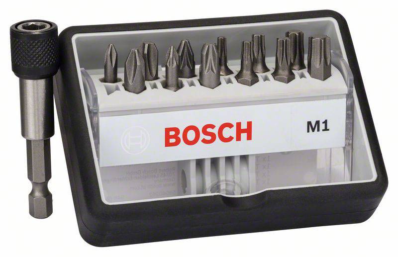 Črno-siv Bosch komplet nastavkov M1 z nizom enajstih različnih vijačnih nastavkov in magnetnim držalom za nastavke.