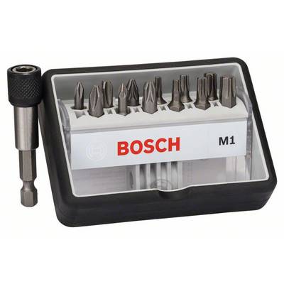 Črno-siv Bosch komplet nastavkov M1 z nizom enajstih različnih vijačnih nastavkov in magnetnim držalom za nastavke.